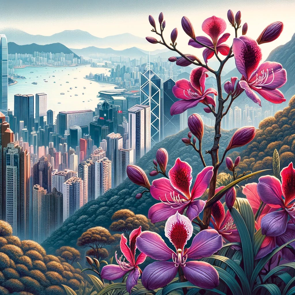 A stunning illustration of Bauhinia × blakeana, commonly known as the Hong Kong Orchid, atop Hong Kong Peak. The scene depicts the vibrant purple-red flowers of the Hong Kong Orchid in full bloom, set against the panoramic backdrop of Hong Kong's cityscape from the summit of Hong Kong Peak. The orchids are detailed and vivid, contrasting beautifully with the urban skyline below, which is a blend of traditional and modern architectural styles. This artwork captures the essence of Hong Kong's natural beauty juxtaposed with its bustling urban environment, emphasizing the orchid's significance as a symbol of the region.