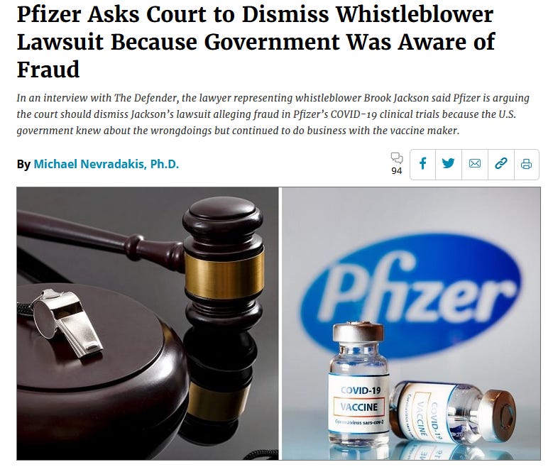 ΗΠΑ: Η Pfizer Ζητά Από Το Δικαστήριο Να Απορρίψει Την Αγωγή Πληροφοριοδότη (Whistleblower) Επειδή Η Κυβέρνηση Γνώριζε Την Απάτη