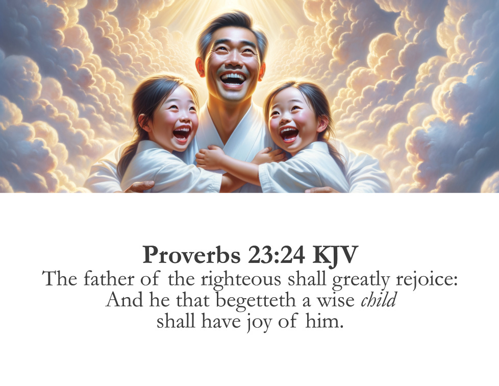 An illustration of a smiling Eastern Asian father, exuberantly embracing his two young girls, all wearing white robes, embraced in a joyful hug. They are surrounded by a background of radiant, glowing clouds. The man and children look upwards with bright, happy expressions. Below the illustration is a Bible verse from Proverbs 23:24 (KJV) that reads: "The father of the righteous shall greatly rejoice: and he that begetteth a wise child shall have joy of him."