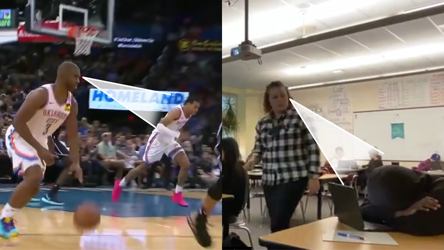 Chris Paul noticing a colleague on the other side of the basketball court. Jalah Bryant (a teacher) noticing a student with a head down.
