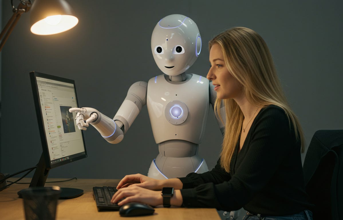 AI-generated image of a humanoid robot pointing out something on the computer screen of a woman sat at a desk