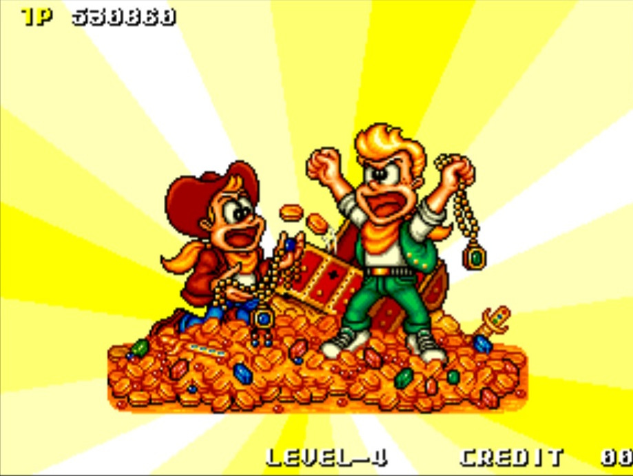 A screenshot of the "correct" ending screen, with Johnny and Tom on top of a giant pile of treasure.