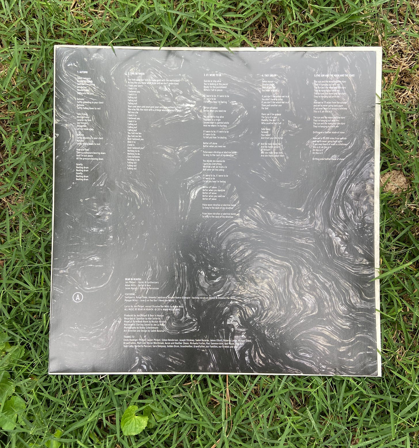 the inside jacket of the vinyl side A has lyrics and a swirly black and white pattern. it sits on top of bright green grass.