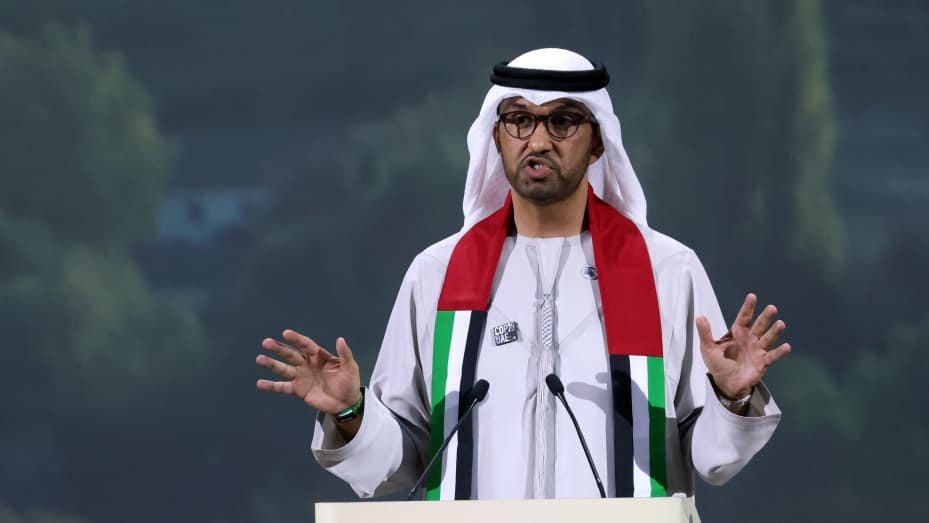 Sultan Ahmed Al Jaber, chief executive officer of Abu Dhabi National Oil Co. (ADNOC) and president of COP28, speaks during the Summit on Methane and Other Non-CO2 Greenhouse Gases on day three of the COP28 climate conference at Expo City in Dubai, United Arab Emirates, on Saturday, Dec. 2, 2023. More than 70,000 politicians, diplomats, campaigners, financiers and business leaders will fly to Dubai to talk about arresting the world's slide toward environmental catastrophe. Photographer: Hollie Adams/Bloom