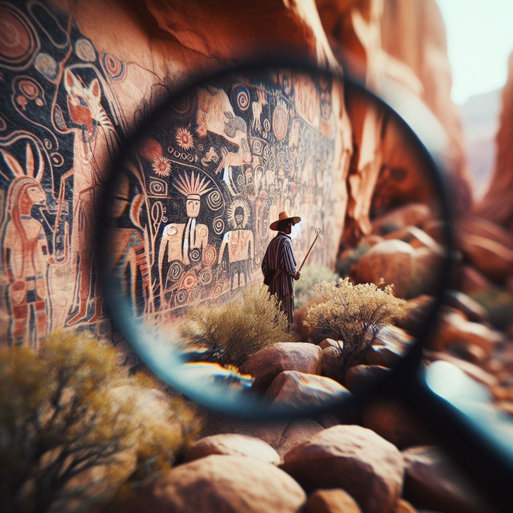   Hyper realistic;lensbaby'titlshift/ wall full of petroglyphs USA, Valley of Fire State Park. Macro focus petroglyphs on Mouse's Tank Trail in Valley.  Moapa Band of Paiute Indians in traditional dances garb. natural plants. Looking at entire scene through a branch of a tree.