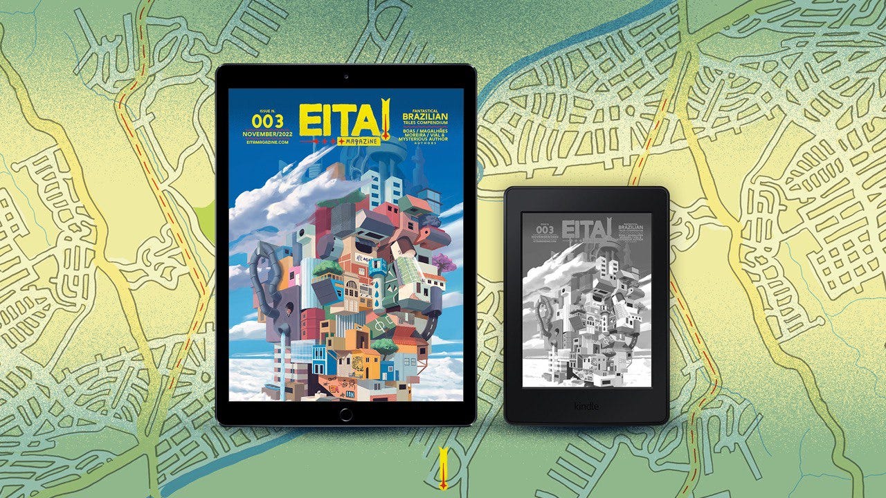A imagem mostra um mapa e, centralizado, a capa da Eita! #3 em um tablet e no kindle. A capa da Eita! #3 é uma cabeça flutuante construída com prédios, canos e construções diversas. Até uma barraquinha de açaí.