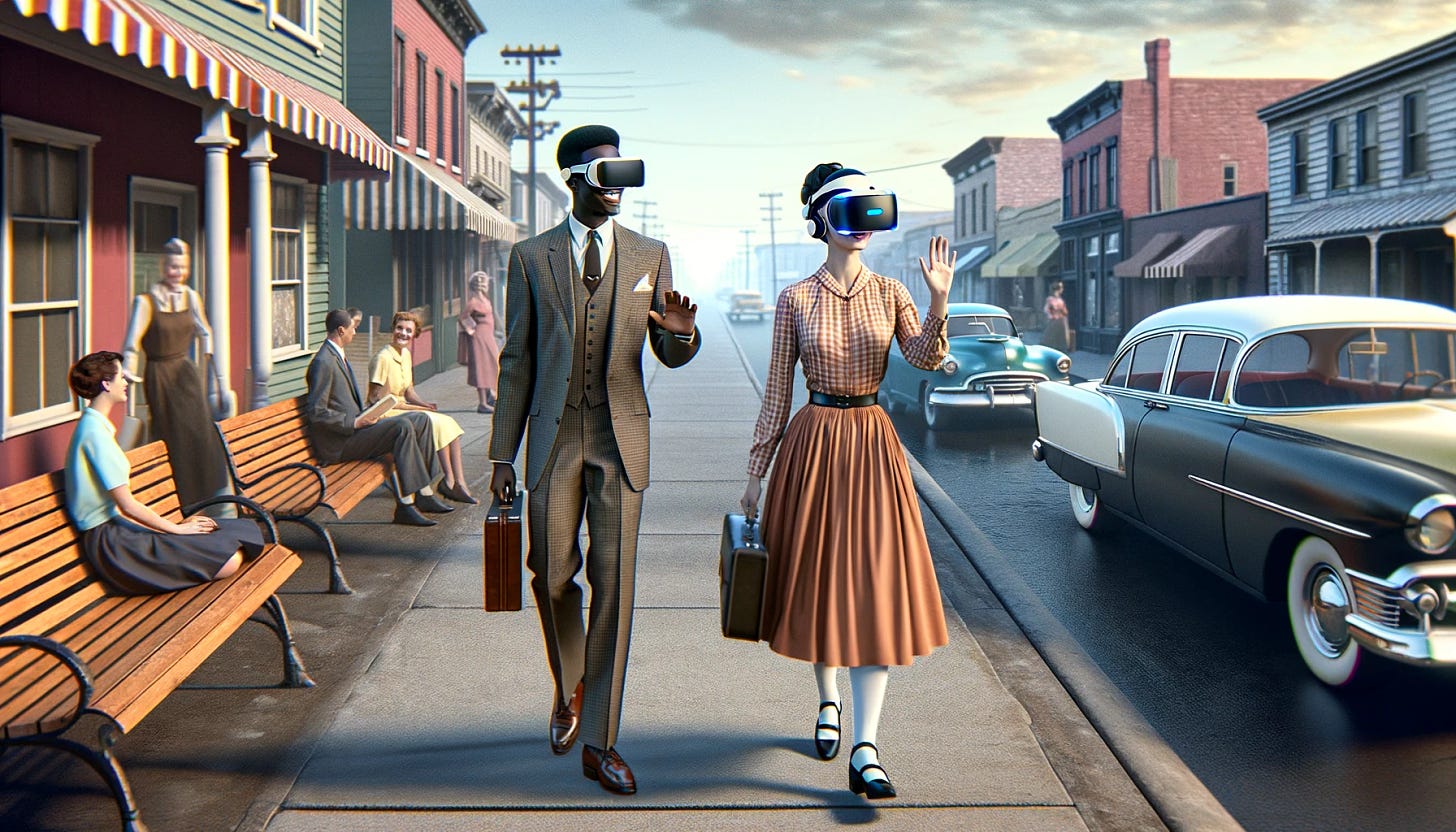 Imagine a scene set in 1950s America, featuring two people walking on a sidewalk. Both are dressed in attire typical of the era. One is a stylish black man in a classic suit, and the other is a person of unspecified gender and race, also dressed in 1950s fashion. Each is wearing a modern VR headset. They are walking towards each other, waving and looking friendly, as if greeting one another. The background should depict a typical American street from the 1950s, with vintage cars, quaint houses, and period-appropriate street signs. The image should also include a semi-transparent overlay of a futuristic Metaverse as seen through their VR headsets, symbolizing a blend of past and digital future.
