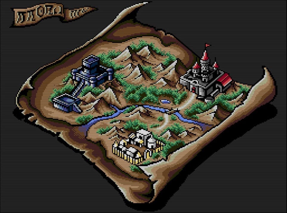 A screenshot of the in-game map for Shining in the Darkness, which lets you travel between the castle, the town, and the labyrinth. And that's it!