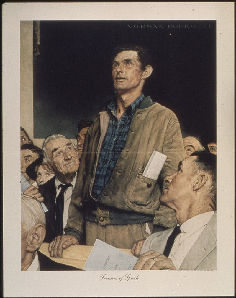 A man speaks at a town hall in Norman Rockwell's Freedom of Speech painting.