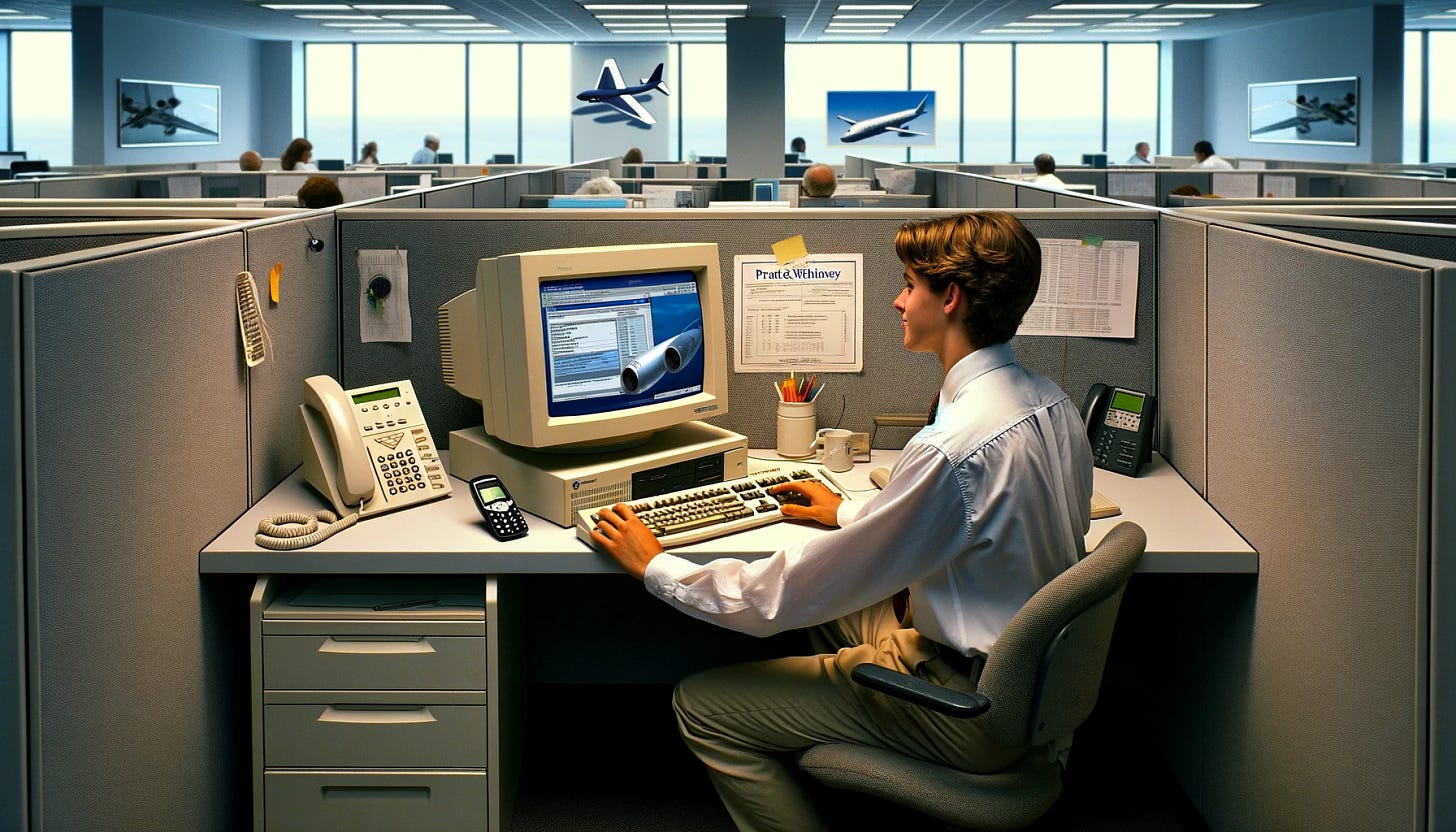 Recreate the image with only one monitor and higher cubicle walls, while maintaining a 16:9 resolution. A young intern in a 2004 office setting, dressed in business casual attire, working at a large white desktop computer with a single 17” CRT monitor. The scene reflects limited technology, showing no internet access, only the Pratt & Whitney intranet on the screen. The intern is engrossed in information about aircraft engines and company policies. The workspace is more enclosed with higher-walled cubicles, emphasizing the privacy and isolation of the era. A flip phone is on the desk, symbolizing the era's limited communication options.