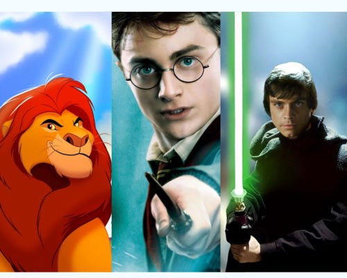 Photo of Mufasa from the Lion King, Harry Potter from Harry Potter series, and Luke Skywalker from Star Wars