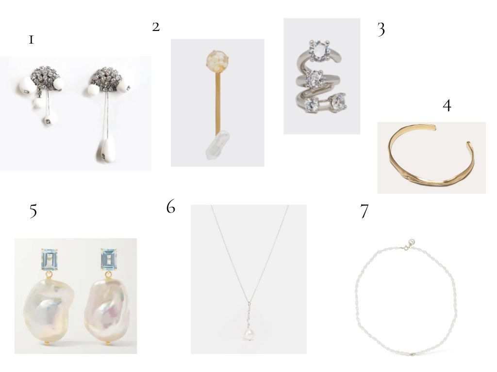 1. Dear_U_GIVING THE LIFE, Hannayo Works ($ 365), 2. Orecchino Conexiones N11, Suot Studio (€ 1.750), 3. Earcuff Intrecciato Argentato, Panconesi (€ 165), 4. Deflated ("Do Not Inflate"), Completed Works (€ 305), 5. 14-karat gold, topaz and pearl earrings, Mateo (€ 718,02), 6. The Lustre of the Moon Necklace, Alighieri (€ 250), 7. Choker "Balmy" 36cm, Lil Milan (€ 250).