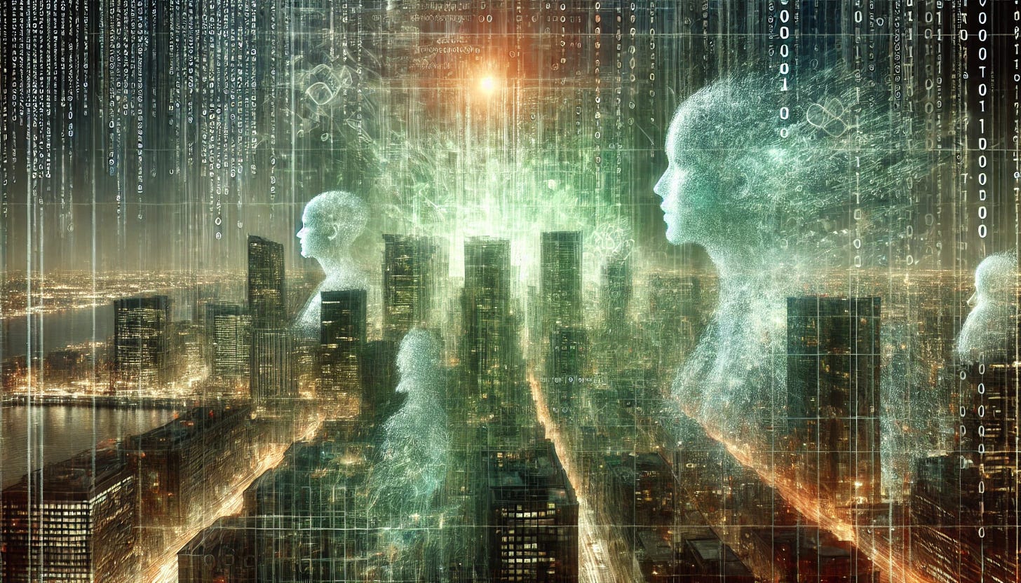 An artistic and metaphorical depiction of human figures subtly influenced by digital algorithms, with a strong Matrix-like aesthetic. The scene features an abstracted financial district blending into a digital landscape, overlaid with a prominent green Matrix-style code. Human figures are partly transparent, merging softly with streams of binary code and algorithmic patterns, giving the impression of being part of a digital world. The scene is covered with a green Matrix-style filter, creating the sense of being within the digital Matrix. The image has an ethereal and unmistakably digital quality, blending subtle influence with a strong digital overlay.