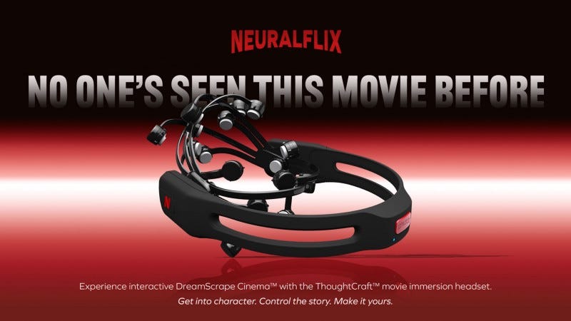 An ad for a futuristic looking headset, similar to an EEG designed to control movies with your mind.