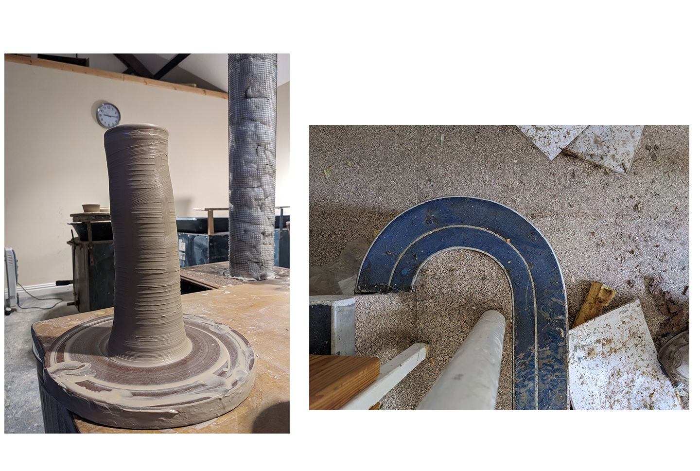 Two photos are side by side. On the left: a very wonky, tall vase shape in wet clay. To the right: a modernist curve detail on a stair in an old hospital, flopping in an exaggerated version of the wonky pot, as if it's mocking it.