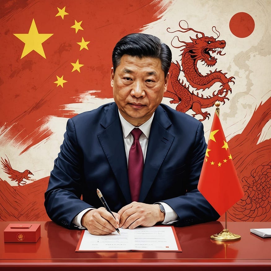 Chinese President Xi Jinping signs a document, the background is the Chinese flag