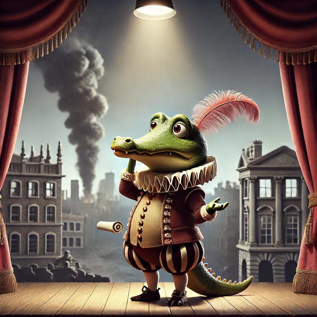 A small, cute anthropomorphic gator named Croaky, dressed in an Elizabethan doublet and tights, standing on a theater stage under a dramatic spotlight. Croaky holds a scroll in one hand, looking exasperated and shaking his head. The backdrop features a crumbling cityscape with faint outlines of smoke and ruins, symbolizing a complex geopolitical situation. The scene is whimsical yet satirical, emphasizing the absurdity of political theater.