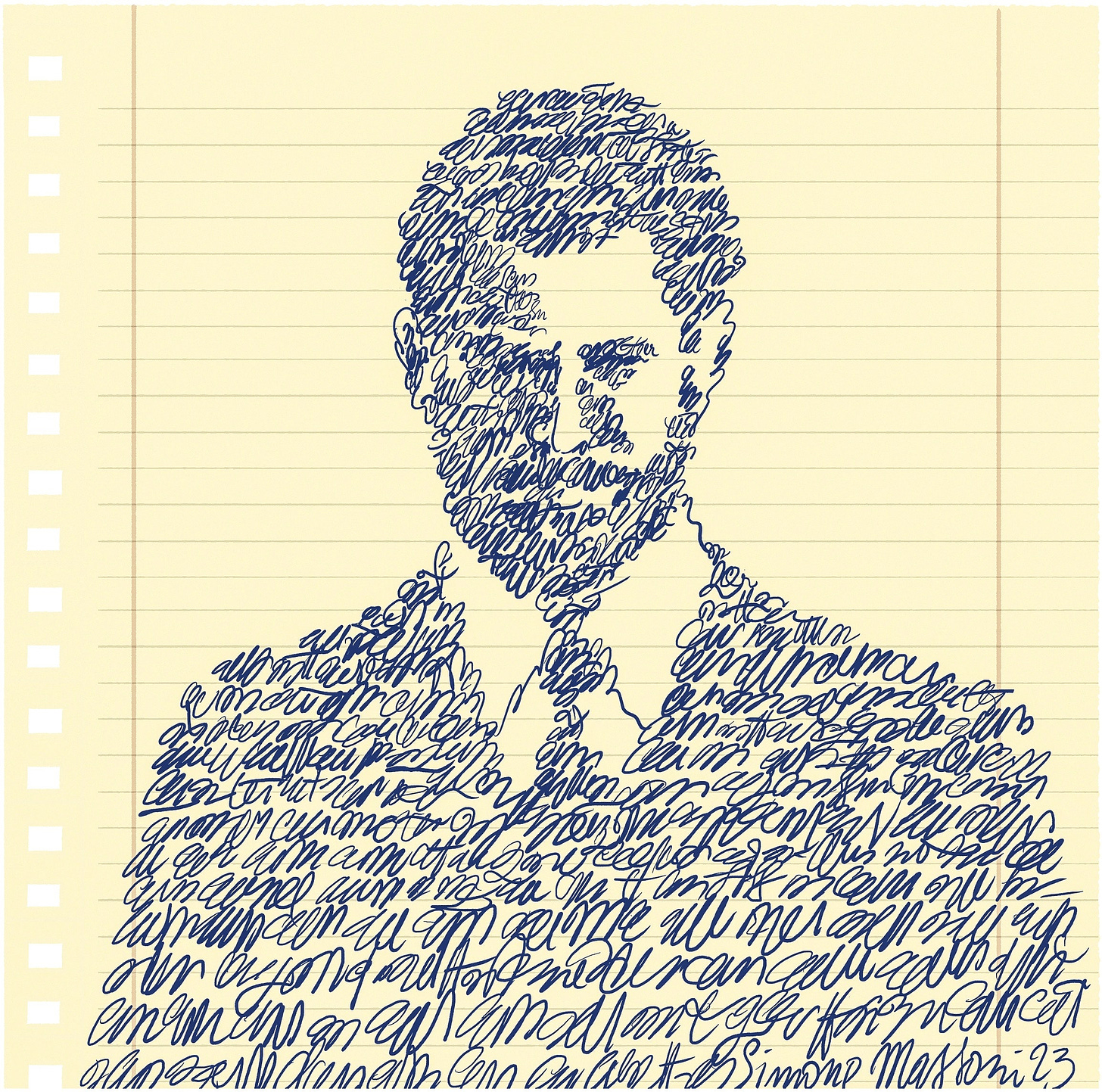 A portrait of Prince Harry composed of scribbles that evoke writing on a yellow piece of binder paper.