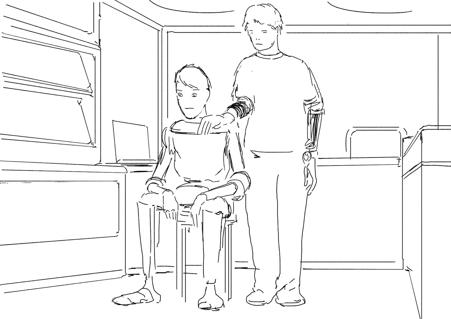 A linework sketch of a robot character sat down looking sad, with another person behind them.