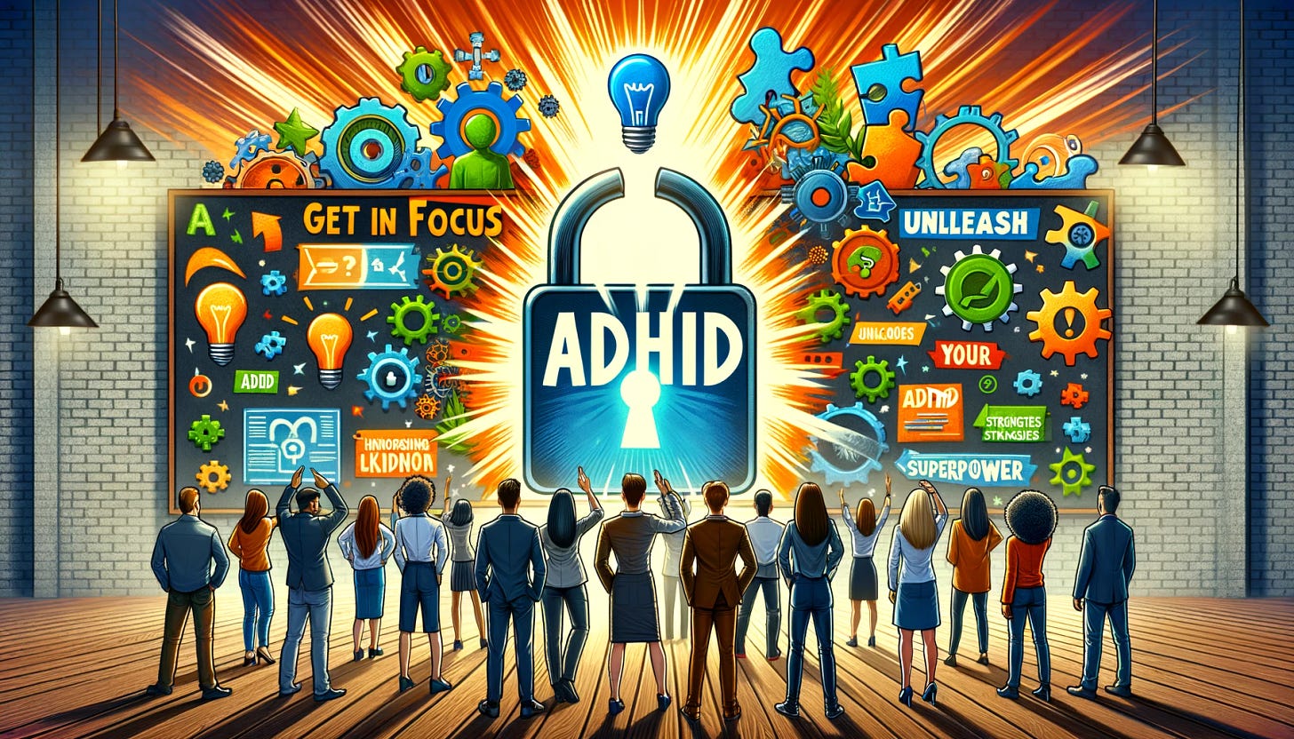 Create an inspiring and vibrant wide-format illustration featuring a diverse group of people standing together, each showing symbols of creativity and innovation like light bulbs, puzzle pieces, and gears above their heads. They are in a workshop setting filled with posters and charts about ADHD strengths and strategies, ensuring the acronym ADHD is prominently displayed. In the forefront, a large, open lock symbolizes unlocking potential, with rays of light shining through it. Include text banners saying "Get in Focus Workshop" and "Unleash Your ADHD Superpower". This image should convey a sense of community, empowerment, and the exciting journey of discovering one's abilities.