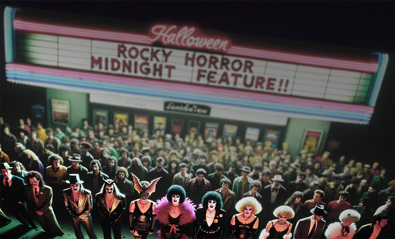 “The Late Night Double Feature Picture Show,” digital illustration by the author. Digital tools include AI. A fantasy movie marquee with red & blue neon lights reads, “Rocky Horror Midnight Feature!!” Underneath is a large crowd of freaks, geeks punks and junkies all wearing colorful Rocky Horror costumes.