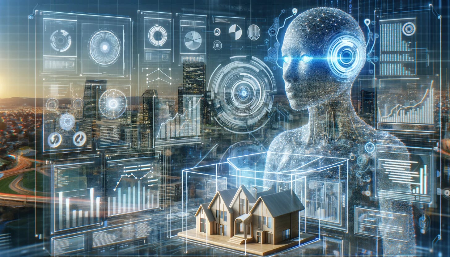 A futuristic scene depicting AI in real estate tokenization. The image shows an AI as a holographic architect, surrounded by digital screens displaying various real estate markets, trends, and predictive analytics. The AI, visualized as a sophisticated, semi-transparent humanoid figure, is intently analyzing data, with lines of code and digital graphs floating around it. The background is a modern cityscape, symbolizing the property market, with digital tokens representing buildings. The image conveys a blend of technology and real estate, illustrating the concept of AI as the driving force in the tokenization of real estate assets.