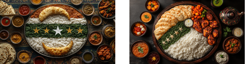 A pair of platters styled like national flags: on the left, rice with spinach, lentils, naan, and stars, surrounded by curries and sides; on the right, rice with grilled chicken, spinach, naan, and vegetables, with various dips and sauces, showcasing creative and cultural food presentation.