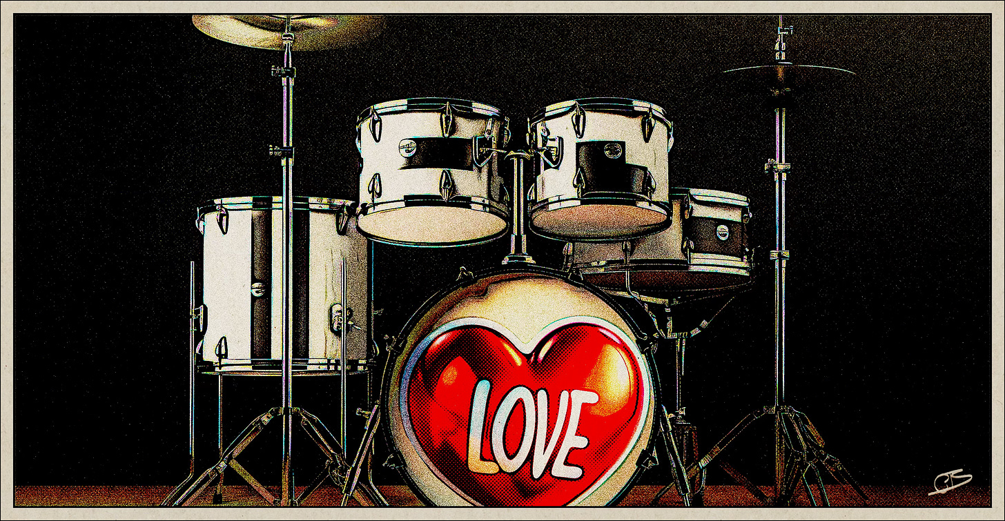 drum set with love banner on bass drum