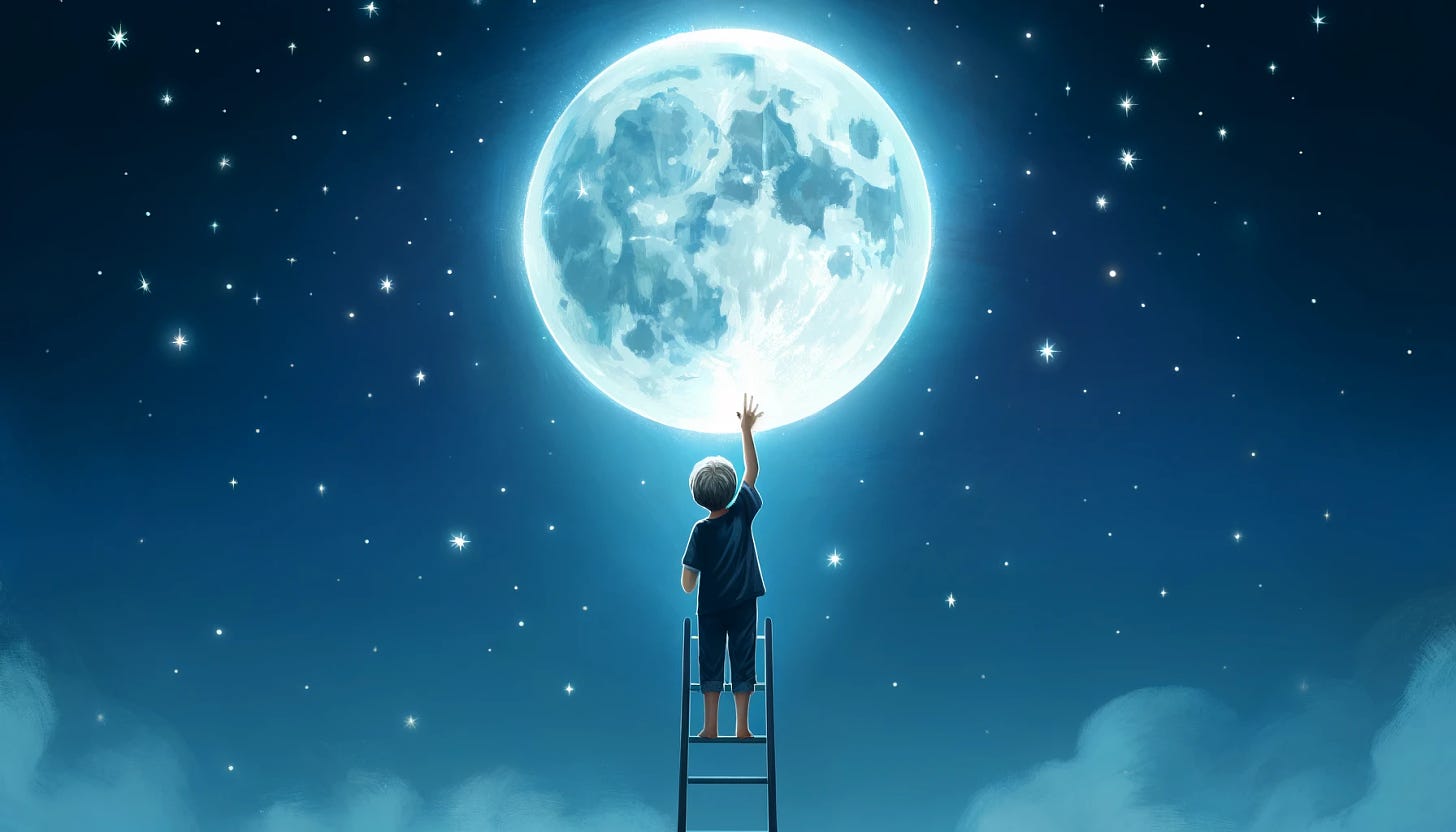 A digital painting of a child reaching for the moon, arms outstretched, determined expression, standing on a ladder. Background is a clear starry night sky with a glowing full moon. Stars twinkle around, gentle cool blue lighting, shadows cast by the moonlight. Created Using: digital art, smooth brushstrokes, detailed night sky, soft color gradients, high contrast lighting, emphasis on determination, dreamlike atmosphere, subtle texture