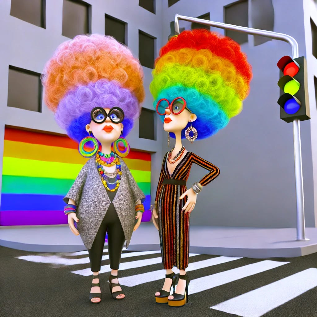 Two modern and fashionable grandmothers in a claymation style standing on a street corner. They have over-the-top, big, and colorful beehive hairdos in a gay pride theme with rainbow colors. The grandmothers are dressed in trendy and stylish clothing, one in a chic pantsuit and the other in a fashionable dress with accessories. The street corner is modern, with a clean and stylish urban background. The scene is whimsical and humorous, with bright and vivid colors.