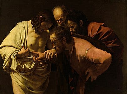 Caravaggio painting of Thomas inspecting the wounds of Christ