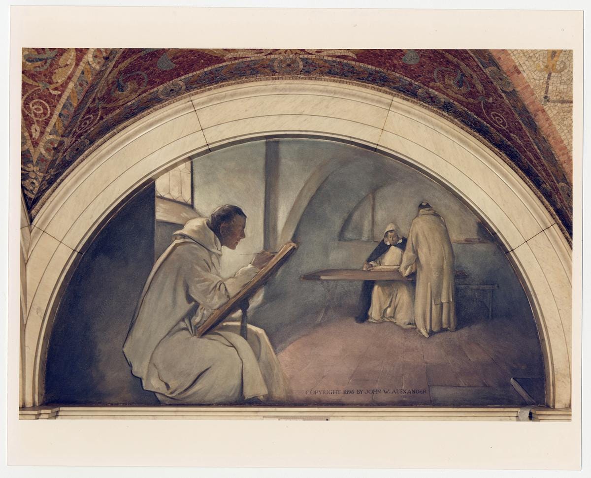  A mural of a monk illustrating a manuscript from the six-part series on the evolution of the book inside the Thomas Jefferson Building, Washington, circa 1896, by John W. Alexander. Library of Congress. (Public Domain)