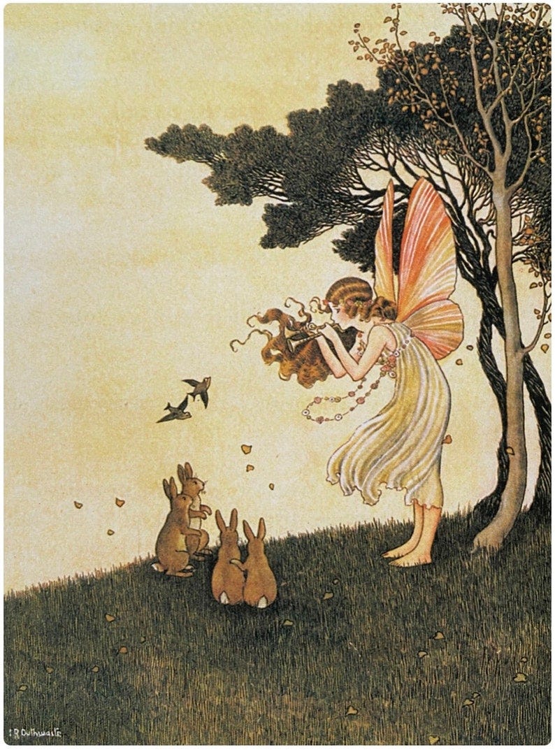 Vintage childrens book illustration notecards, boxed set of six, Anne Plays the Pipes,Ida Rentoul Outhwaite, 1921 , 4 1/5 x5 1/2 inch card image 1