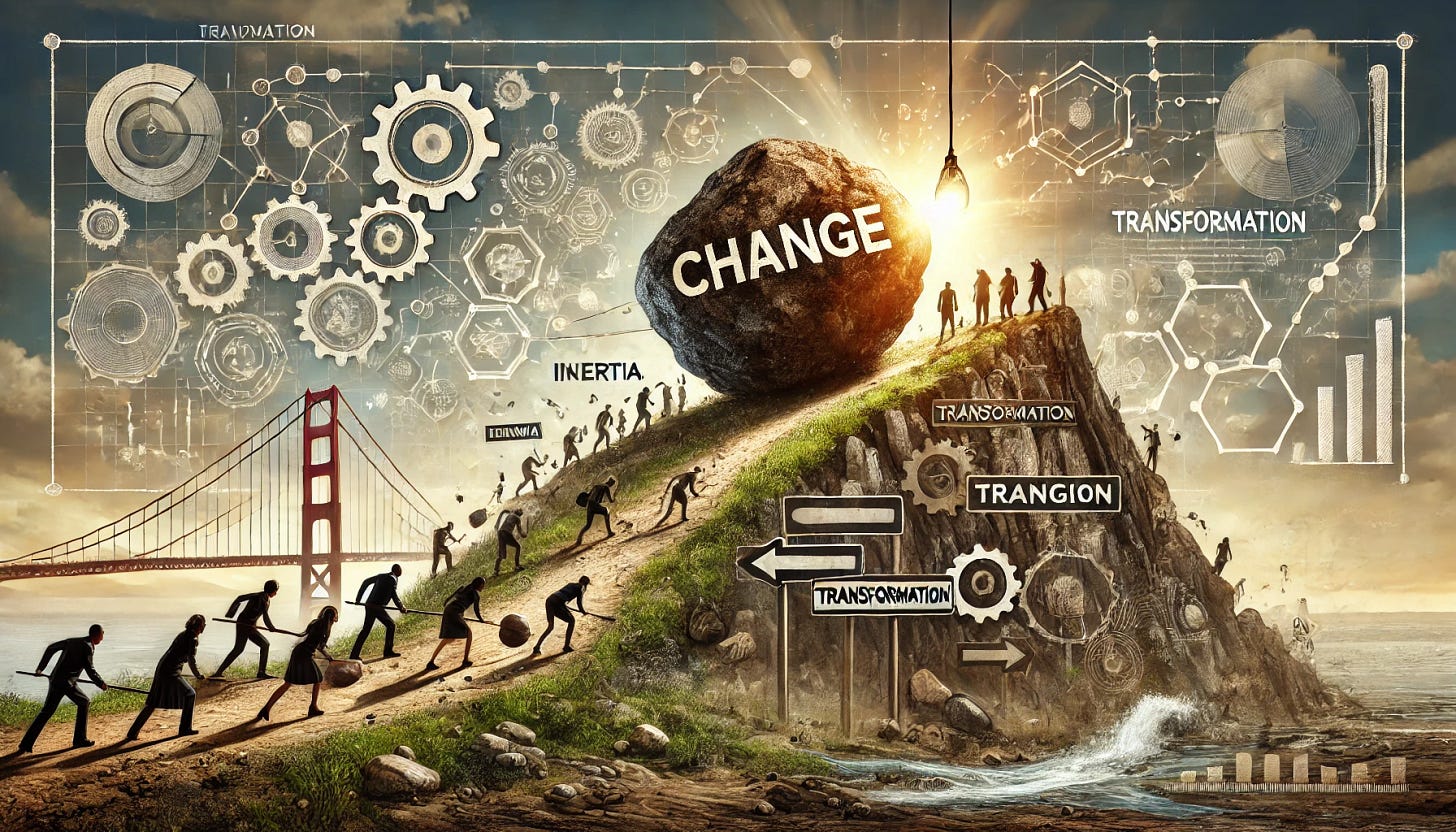 A conceptual illustration representing the difficulty of organizational and personal change. The image shows a large boulder labeled 'Inertia' being pushed uphill by a diverse group of people. At the top of the hill, a glowing light labeled 'Transformation' symbolizes success and progress. Surrounding the scene are elements representing different change frameworks: gears turning, flowcharts, and abstract interconnected shapes. The background includes subtle imagery of bridges and pathways, highlighting the journey aspect. The overall tone combines earthy resilience with a hopeful glow at the summit.