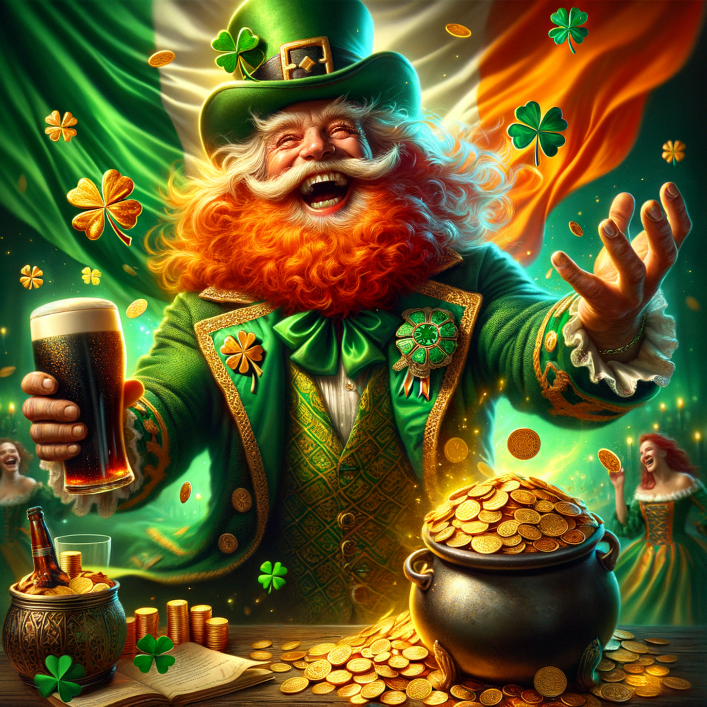 This image is vibrant and full of joy, capturing the essence of Irish folklore. Centered in the image is a jubilant leprechaun, the archetypal Irish fairy. He is depicted as an elderly man with a bushy, bright orange beard, laughing heartily with his mouth open wide, revealing his teeth. He's adorned in a traditional green suit richly decorated with golden clover and Celtic knot motifs, which symbolize luck and the eternal cycle. On his head sits a green top hat, accented with a golden buckle. In his right hand, he holds a pint of dark stout beer that seems to froth over the edge of the glass.  The leprechaun is extending his left hand towards the viewer, as if inviting them into the celebration. Behind him, a background of green drapery and a swirling golden light gives a magical, almost ethereal glow to the scene, enhancing the festive atmosphere. The air is filled with floating golden coins and four-leaf clovers, symbols of fortune and good luck.  In the foreground, to the leprechaun's right, there's a pot overflowing with gold coins, suggesting the fabled pot of gold at the end of the rainbow in Irish mythology. Adjacent to the pot is an open book with a quill, perhaps implying the rich storytelling culture of Ireland. There's also a small bottle with a label and a shot glass, indicating more merriment to come. On the far right, slightly blurred, is a woman who appears to be dancing joyfully, her red hair flowing and her green dress a blur of movement.  The entire scene is crafted to evoke the lively spirit of St. Patrick's Day celebrations, where myth and merriment meet.