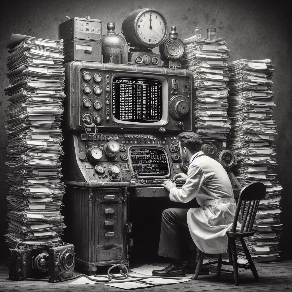 A steampunk black and white image of a vintage computer with a doctor sitting in front of it with a pile of patient chart folders stacked to the ceiling and with computer alerts covering the screen