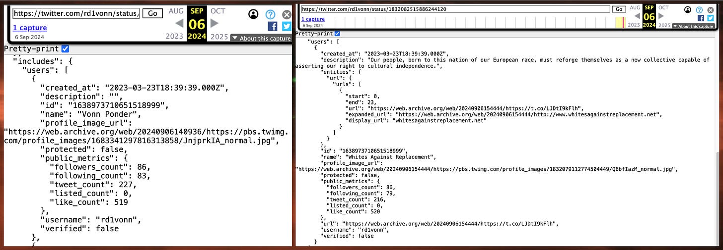 two wayback machine archives from September 6th 2024, one showing the screen name "Vonn Ponder" and the other "Whites Against Replacement"