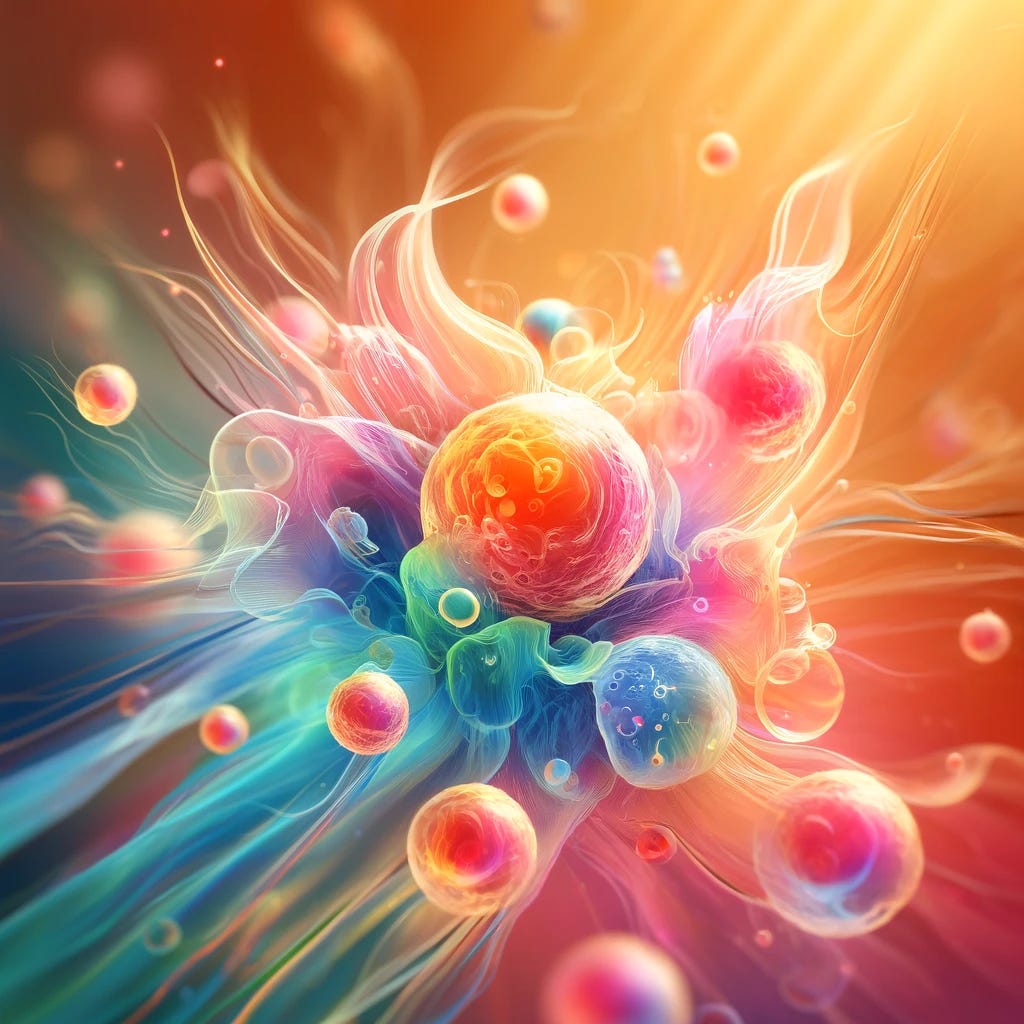 An abstract image representing cell therapy. The image should depict vibrant, colorful cells, with a sense of dynamic movement and energy. The cells should appear to be interacting, merging, and transforming, symbolizing the therapeutic process at a cellular level. The background should be soft and blurred, with a gradient of warm colors to emphasize the sense of healing and regeneration. The overall composition should convey a sense of hope, innovation, and the cutting-edge nature of cell therapy.