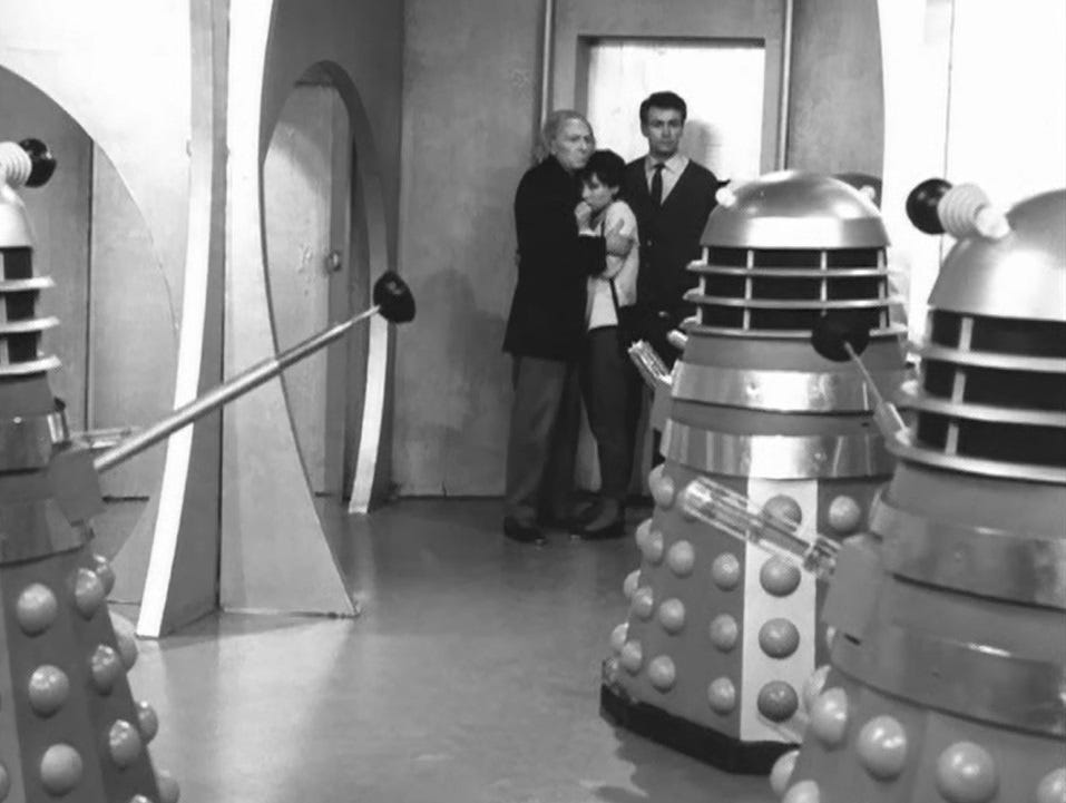 A photograph of Dr Who’s party meeting the Daleks in The Daleks (1963-64)