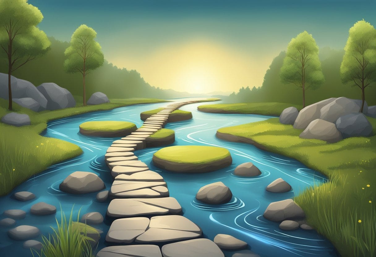 A winding path of stepping stones over a river, with some stones broken or submerged, leading to a glowing success on the other side