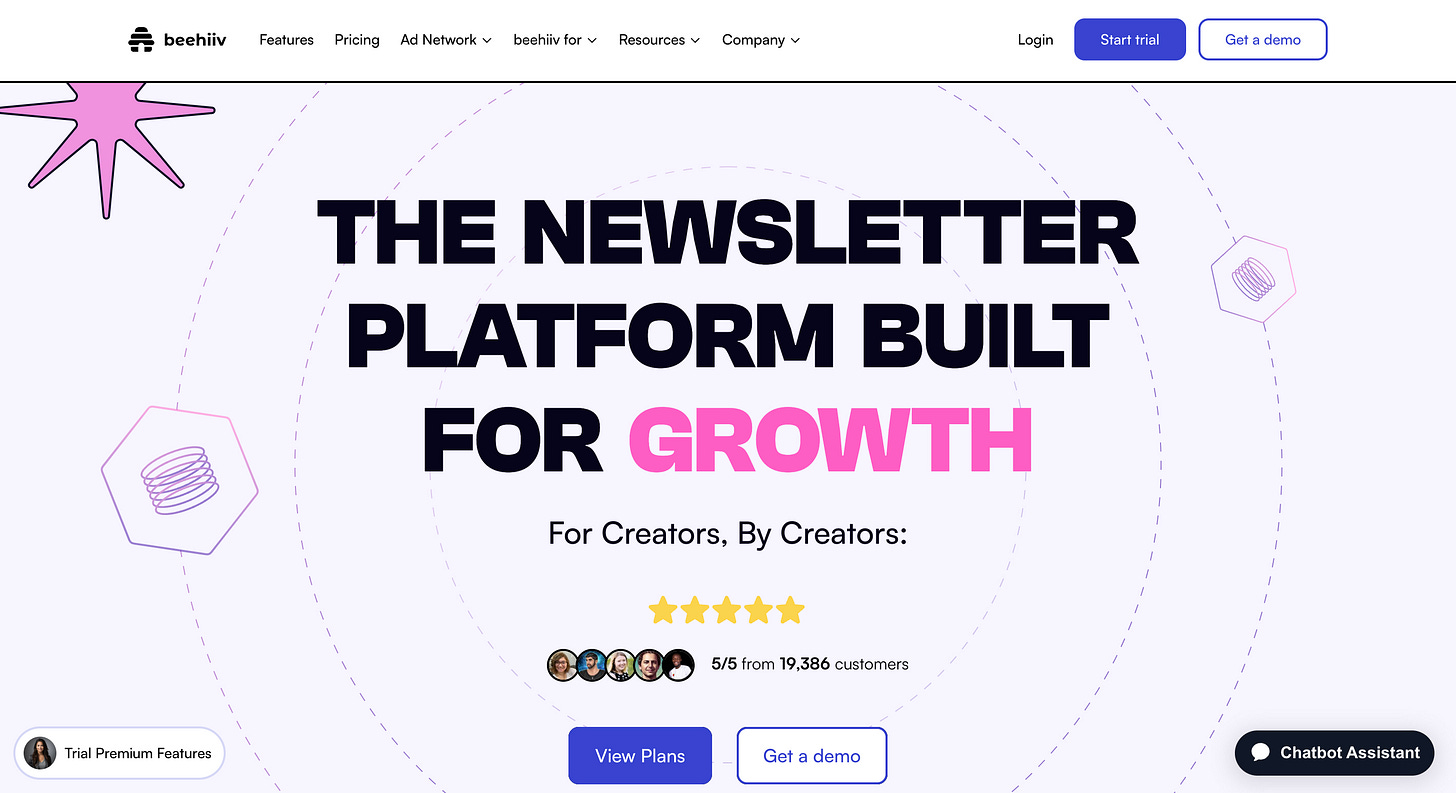 Beehiiv's homepage that says "The newsletter platform for growth."