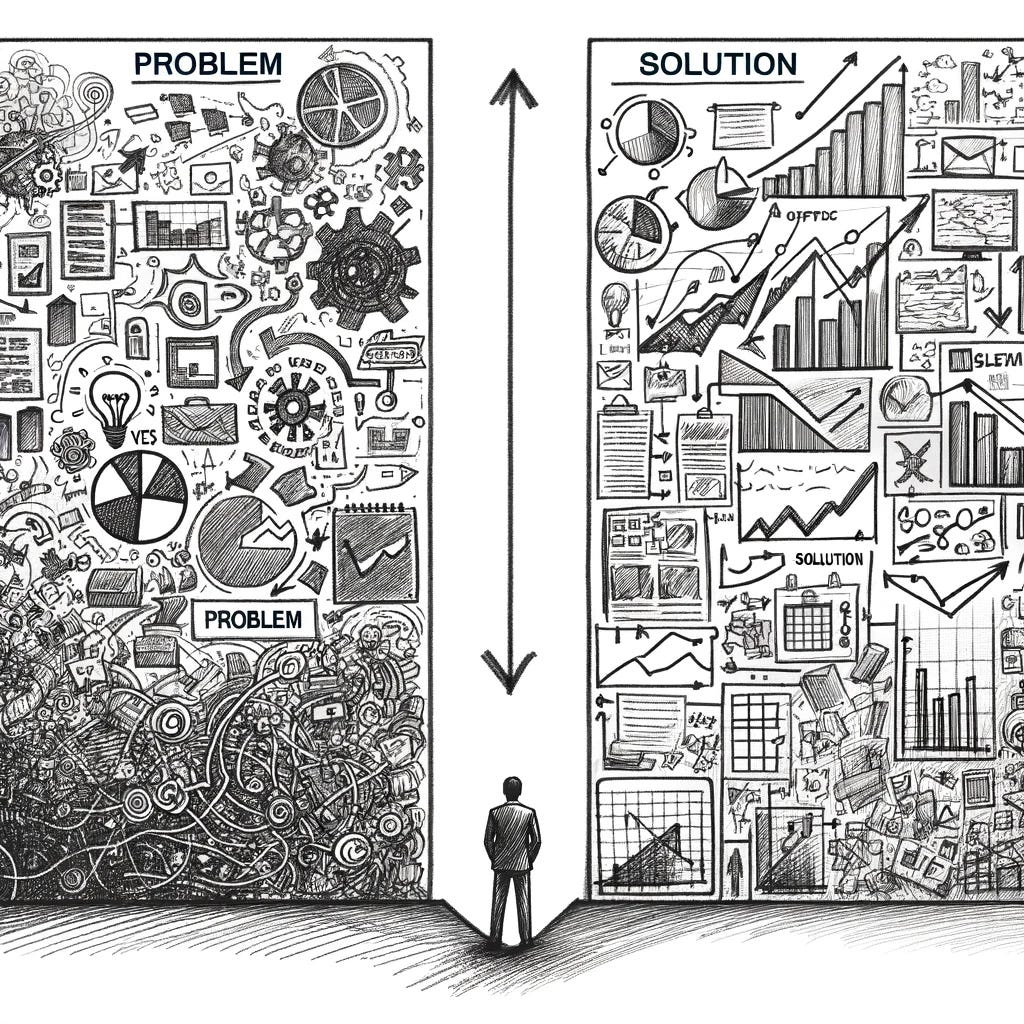 Sketch on a white background for an article about transformation initiatives and strategic planning. The second image should illustrate two distinct sections: 'Problem' and 'Solution'. The 'Problem' side is cluttered with various abstract challenges, while the 'Solution' side shows organized, clear pathways and strategies. A central figure stands at the divide, contemplating both sides.