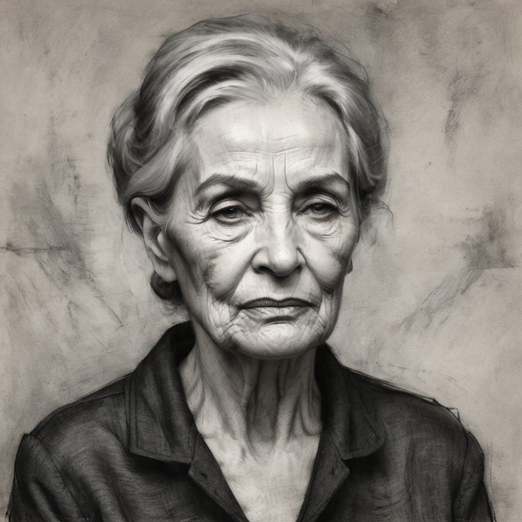 Charcoal drawing portrait of a pale beautiful elderly woman with wrinkles, serious expression, wearing modern mourning clothes