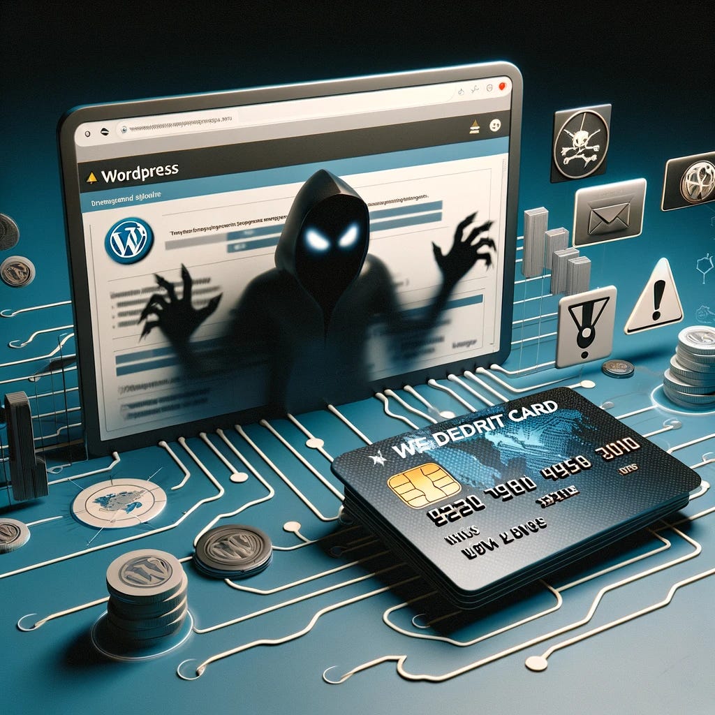 A 3D representation of a WordPress dashboard with a shadowy, obscure plugin in the background. The plugin has an ominous appearance and is connected to a series of digital lines leading to a credit card. The credit card should appear to be under attack, with elements like warning signs, digital bugs, and exclamation marks surrounding it. The scene should convey a sense of hidden danger and threat to personal information.