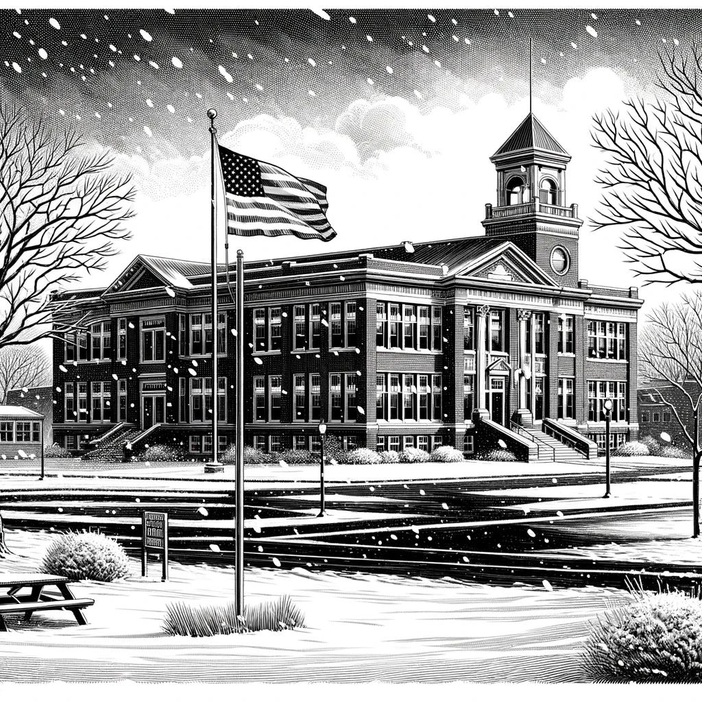 A black and white drawing of a typical American school during winter. The school building is two stories tall with a classic design, featuring brick walls and large windows. In the foreground, there's a snow-covered schoolyard with leafless trees and a flagpole flying the American flag. Snowflakes gently fall from the sky, adding to the serene winter atmosphere. The style is reminiscent of a vintage illustration from the early 20th century.