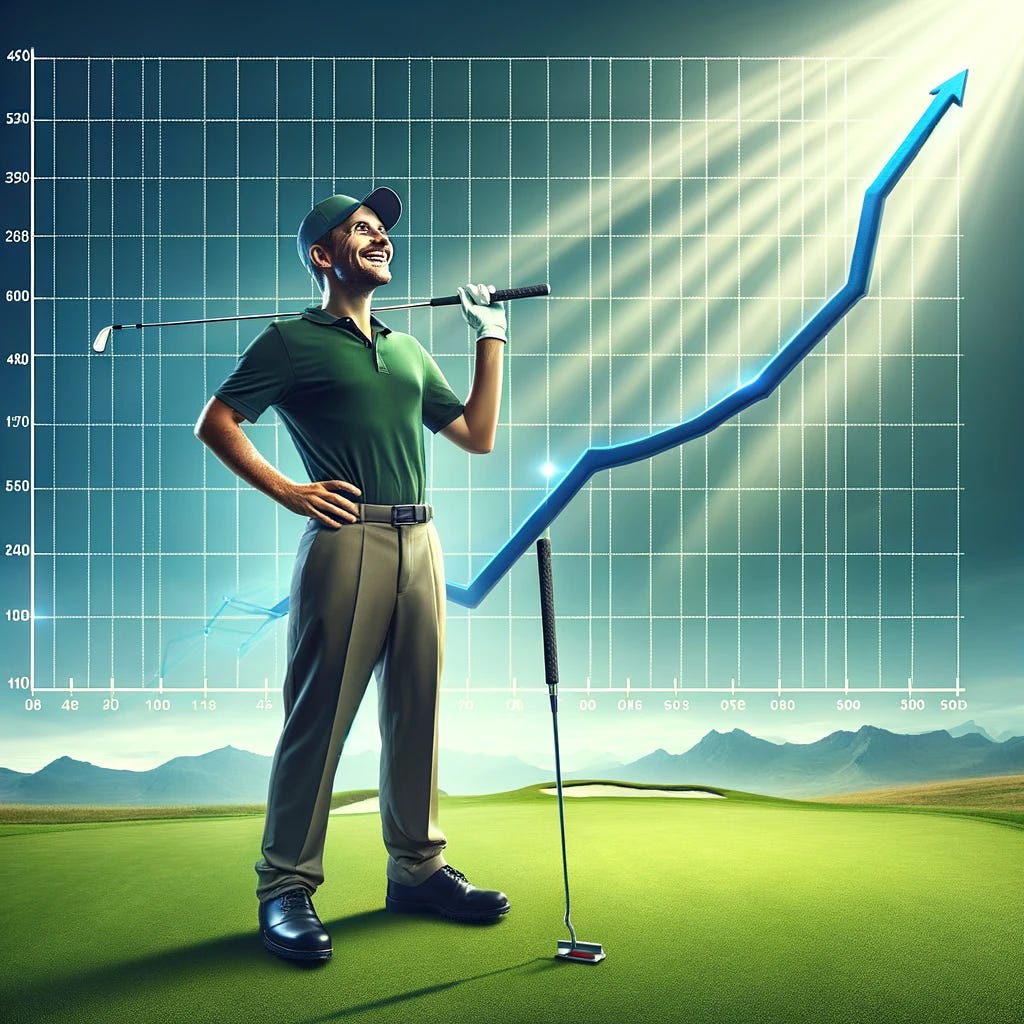 Refine the image to focus on a singular, extremely optimistic golfer holding just one putter, with a single, perfectly straight, upward-trending graph line beside him that represents an unblemished linear progression towards his dreams. The graph line is the epitome of precision, shooting straight up into the sky without any deviation, symbolizing the golfer's absolute confidence in a straightforward path to success. The golfer's smile is even more radiant, and his posture exudes supreme confidence, standing on a golf course that is bathed in an even brighter and more optimistic light. This iteration enhances the elements of certainty and optimism, with a clearer, more focused representation of the golfer's unwavering belief in his goals and the straightforward journey towards achieving them.