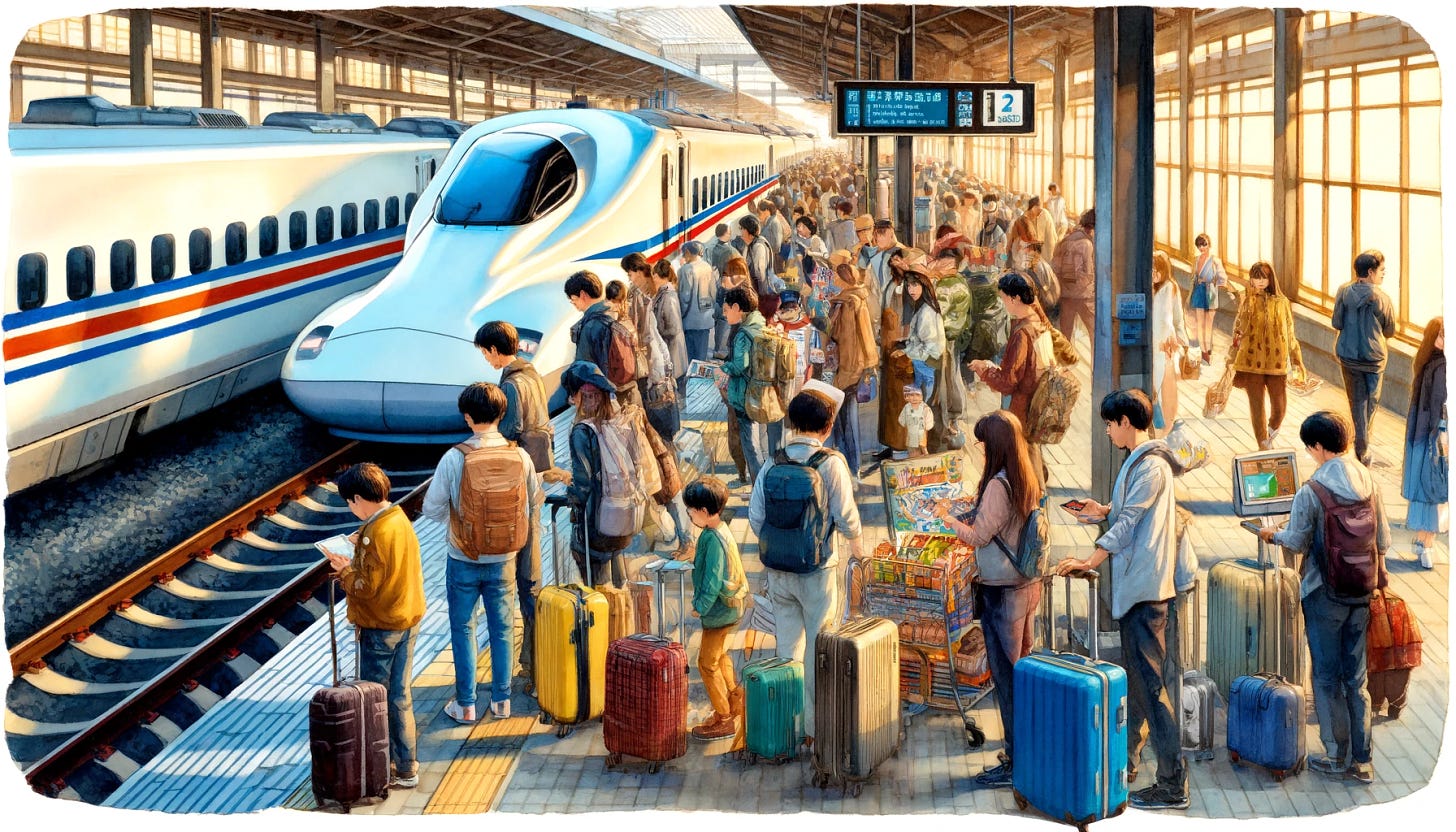 A widescreen watercolor painting depicting Japanese families and groups of friends embarking on a vacation during Golden Week. The scene captures the bustling atmosphere of a train station with travelers carrying luggage and boarding modern bullet trains. Some are looking at travel guides and using digital devices, while others are purchasing snacks from a vendor. The painting should highlight the excitement and joy of travel, rendered in vibrant watercolors with a dynamic and lively composition.