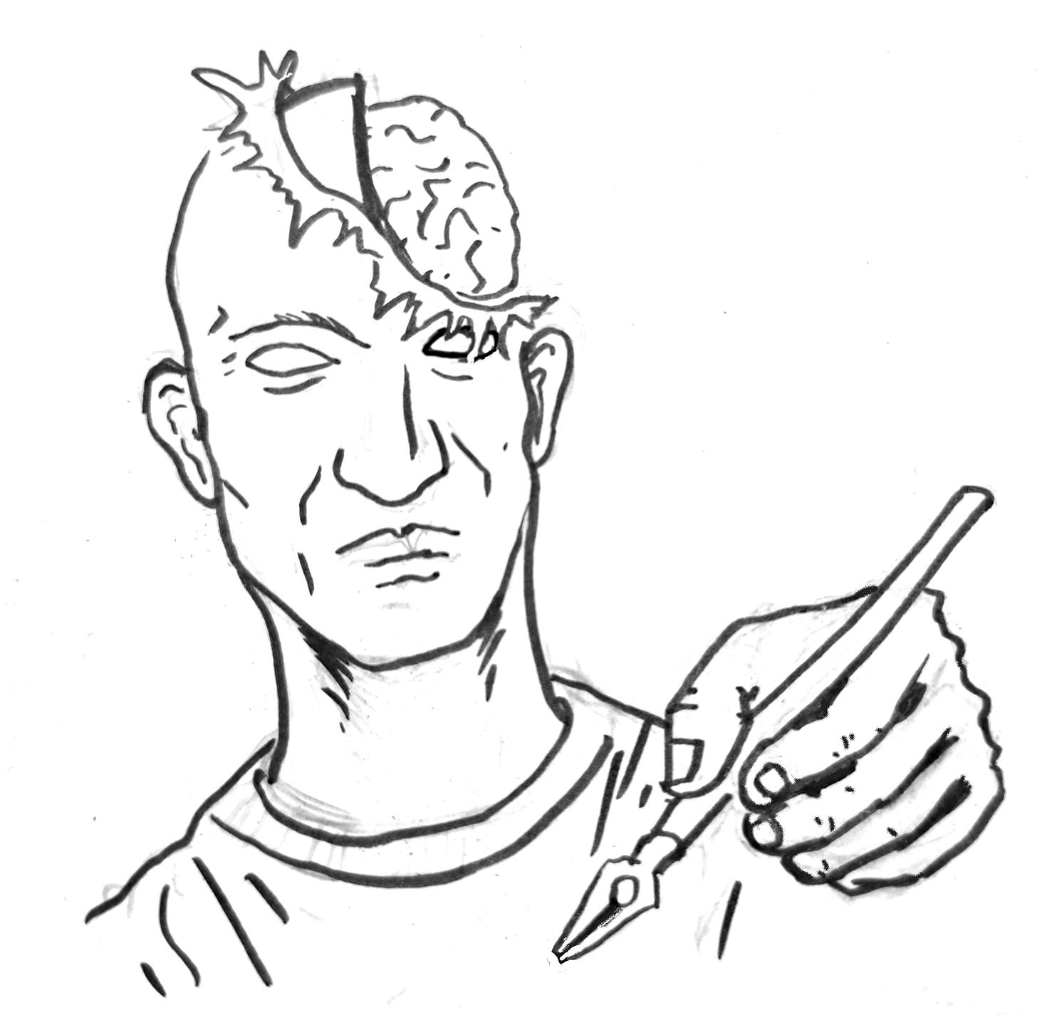 Guy holding a dip pen with eyes rolled back and brain exposed.