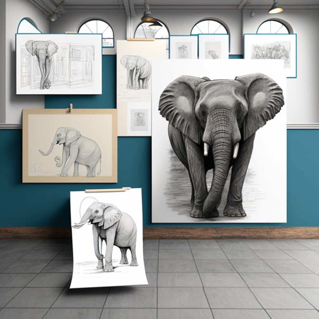 Various sketches of an elephant