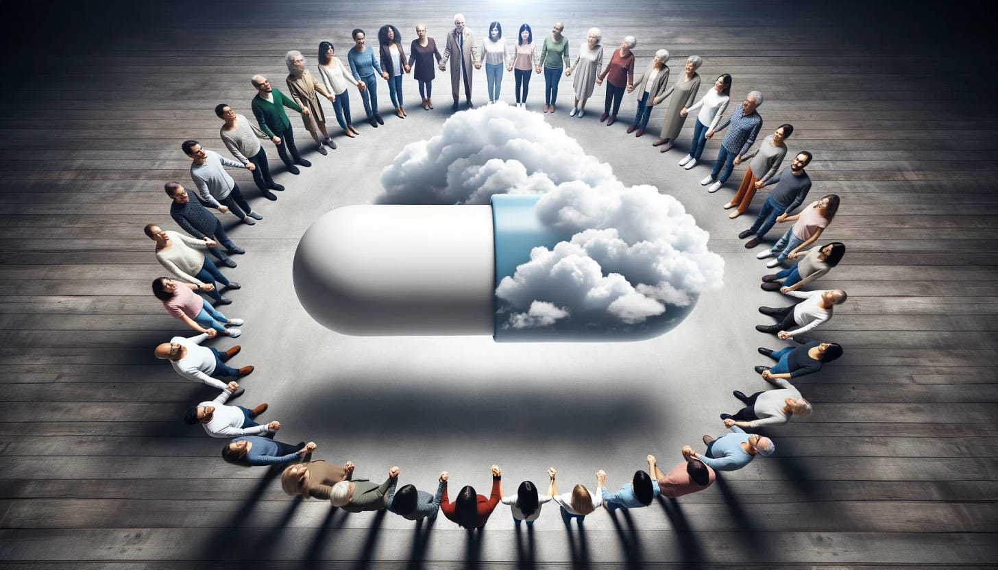 Photo of a diverse group of people holding hands in a circle, looking upwards. Above them is a cloud shaped like a pill, symbolizing collective hope and trust in modern medicine's potential.